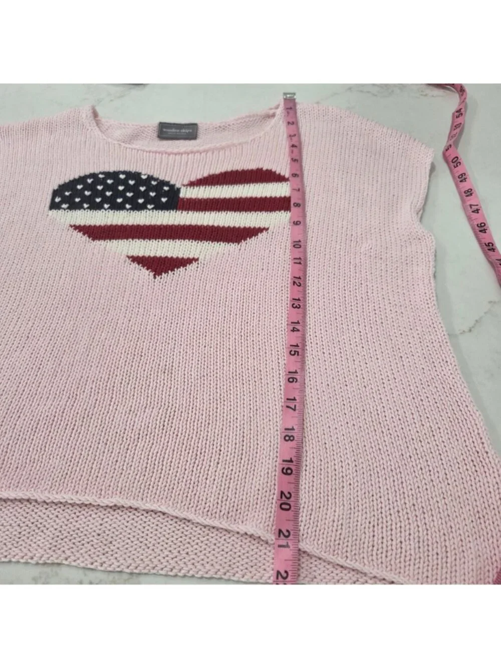 Wooden Ships American Flag Heart Sweater Top L Pink Open Knit Short Sleeve Beach - Picture 7 of 9